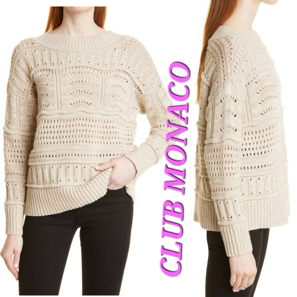 Club Monaco Mix Stitch Pointelle Cotton & Wool Blend Sweater in Oatmeal